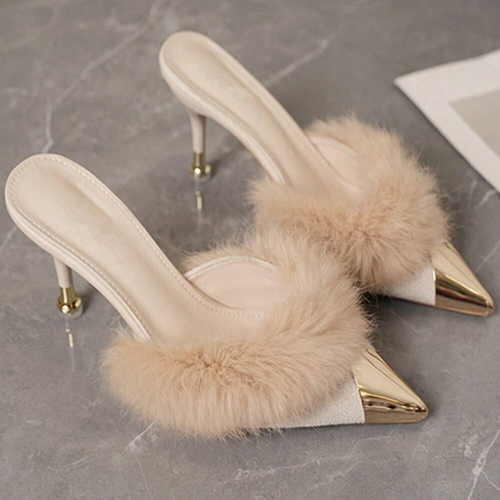 Beige Elegant Women's Mules Heels Pointed Toe Slip On Backless Slides - Picture 2 of 4